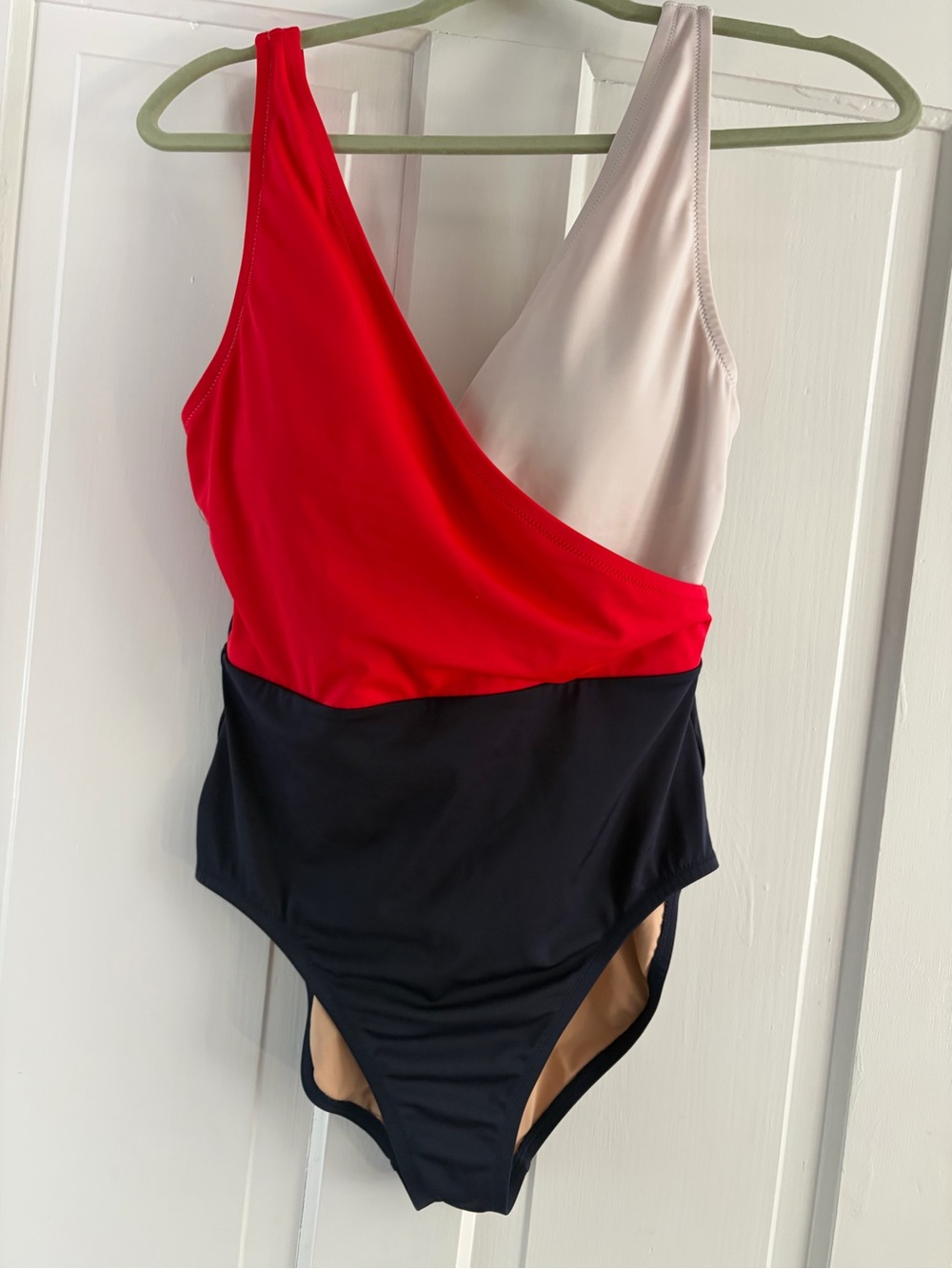 J. Crew Colorblock One-Shoulder Swimsuit in Red, Navy & White
